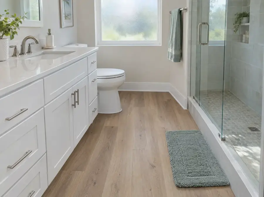 Bathroom with waterproof light oak vinyl plank around the vanity and toilet